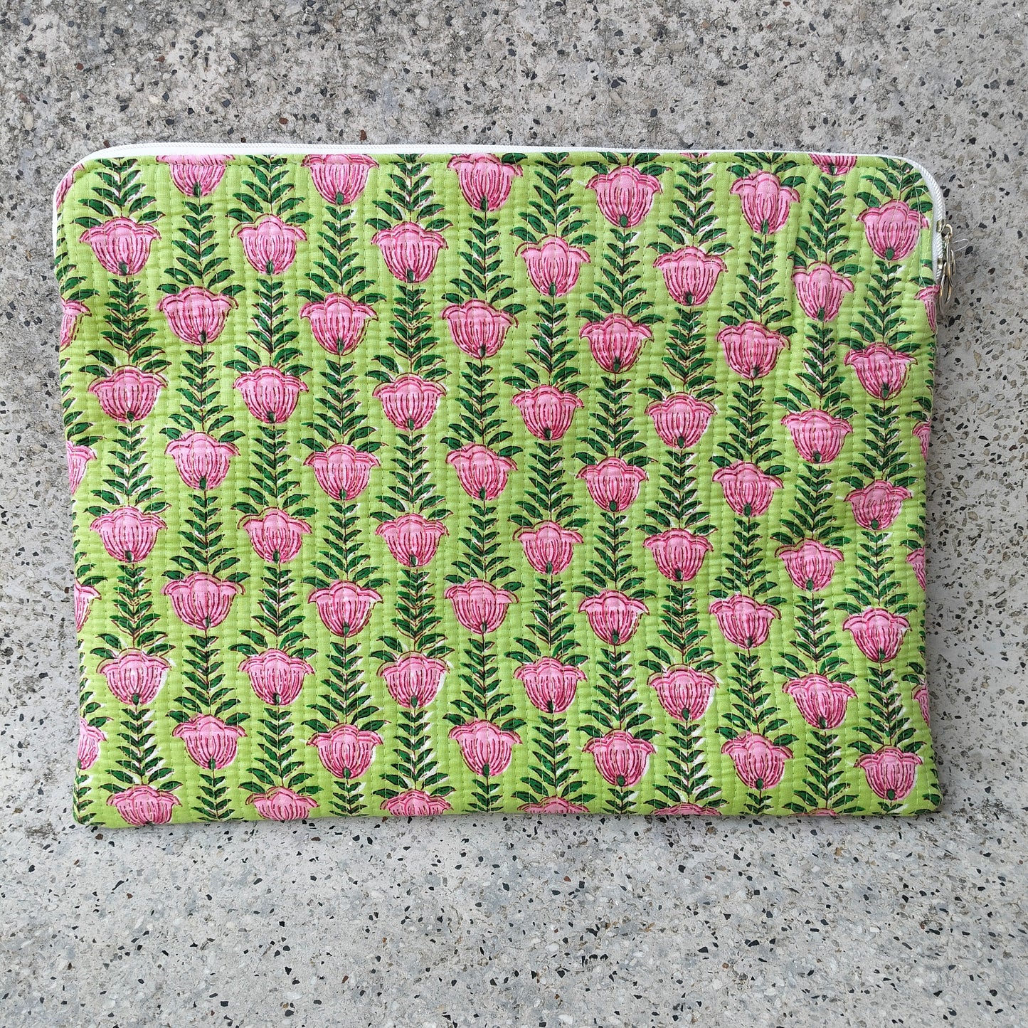 Mint Green Cotton Laptop Sleeve with Pink Floral Stripe Pattern
