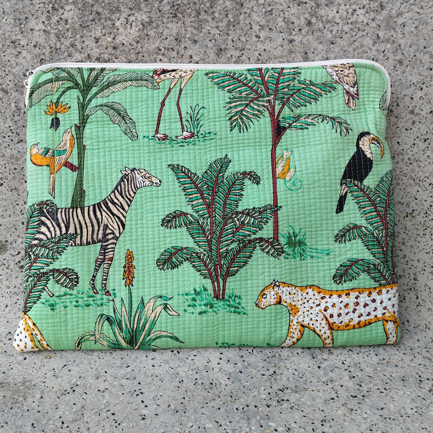 Quilted Cotton Laptop Sleeve in Mint Green with Jungle Safari Animal Print