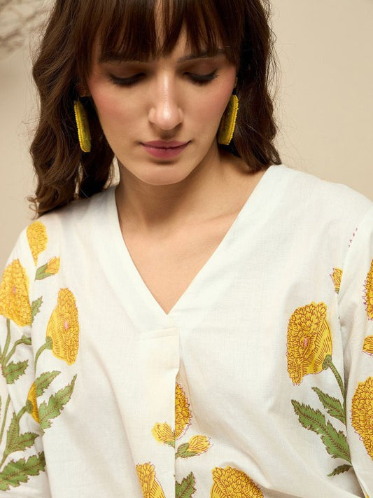 Yellow Floral HandBlock Printed Kurta Pajama Set - 2pc