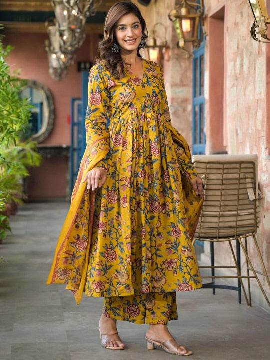 Yellow Cotton Floral Anarkali Suit Set – Women’s Ethnic Dress