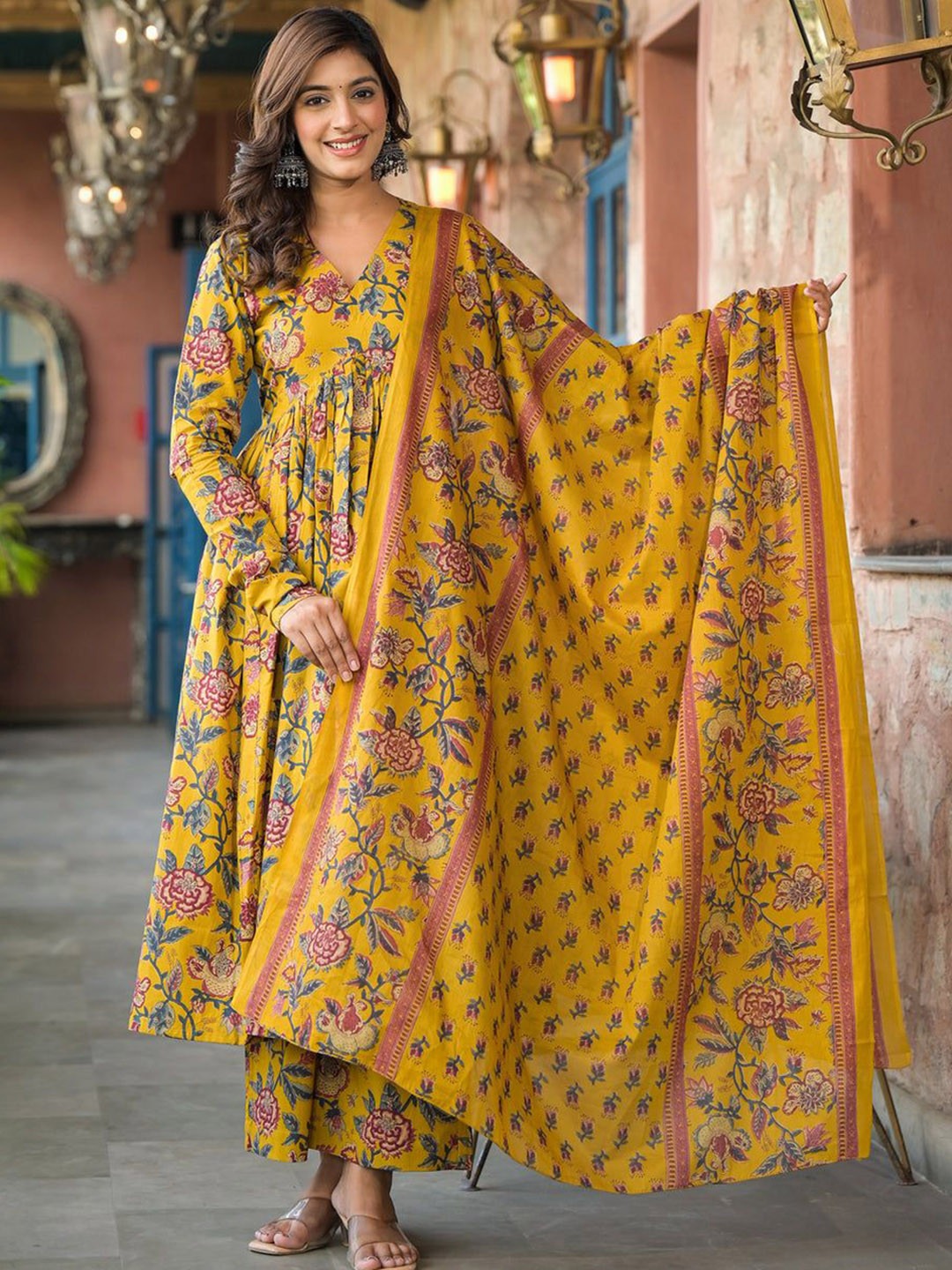 Yellow Cotton Floral Anarkali Suit Set – Women’s Ethnic Dress