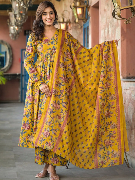 Yellow Cotton Floral Anarkali Suit Set – Women’s Ethnic Dress