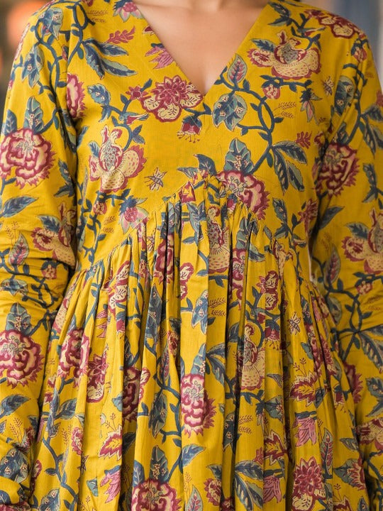 Yellow Cotton Floral Anarkali Suit Set – Women’s Ethnic Dress