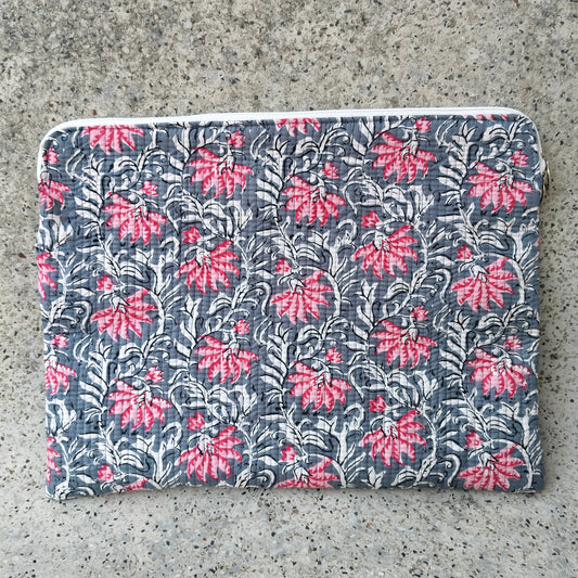 Grey Cotton Laptop Sleeve with Pink Floral Vine Pattern