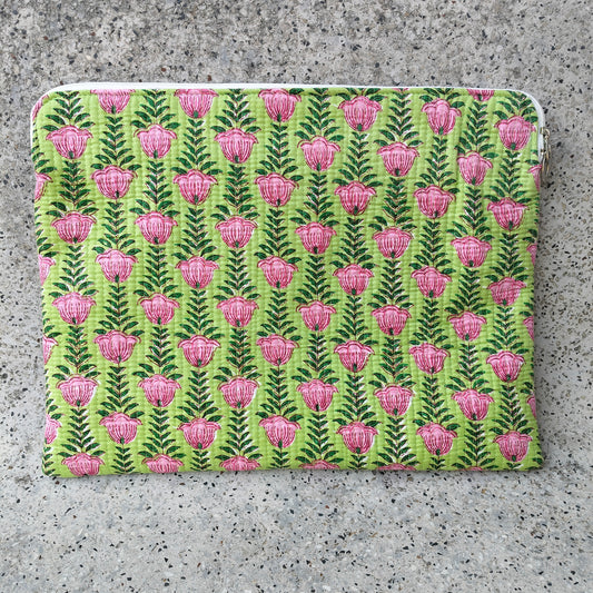 Mint Green Cotton Laptop Sleeve with Pink Floral Stripe Pattern