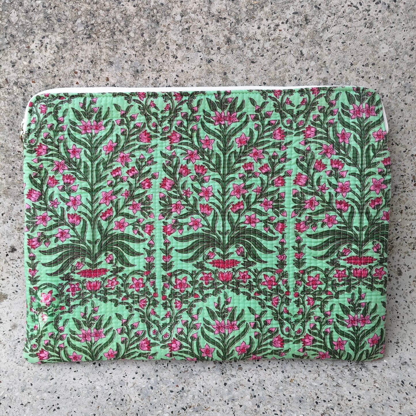 Mint Green Cotton Laptop Sleeve with Pink Floral Vine Pattern