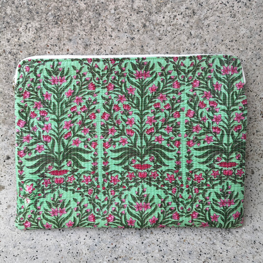 Mint Green Cotton Laptop Sleeve with Pink Floral Vine Pattern