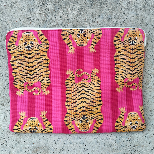 Pink Cotton Laptop Sleeve with Bold Yellow Tiger Print Pattern