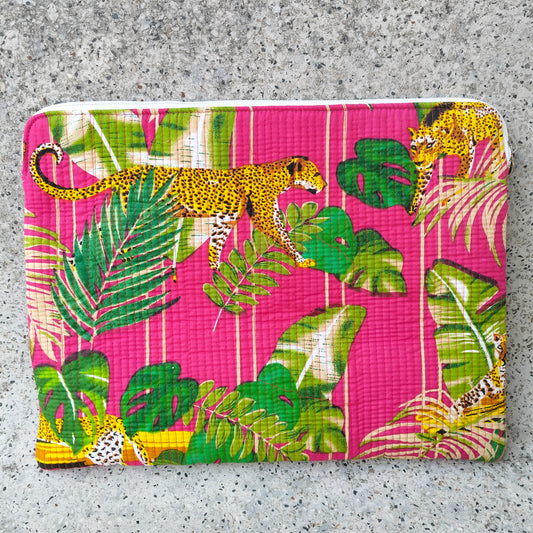 Pink Cotton Laptop Sleeve with Green Tropical Leaf and Leopard Print