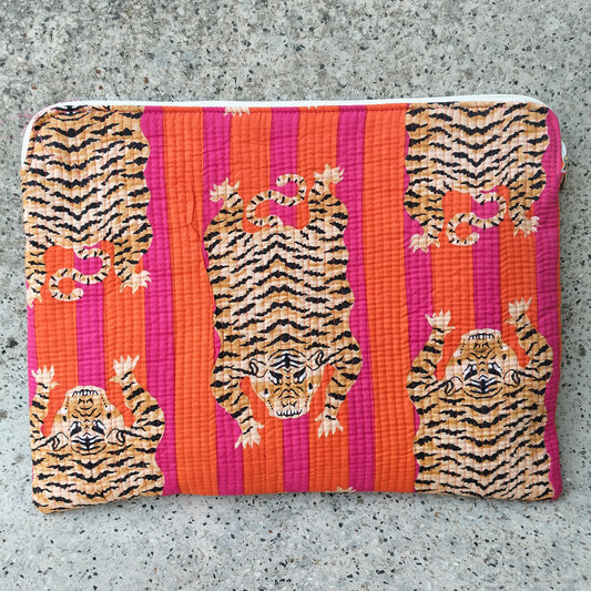 Pink and Orange Striped Cotton Laptop Sleeve with Yellow Tiger Print Pattern