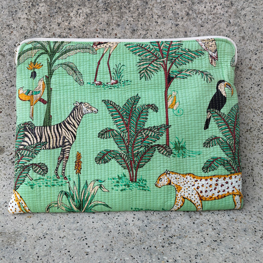 Quilted Cotton Laptop Sleeve in Mint Green with Jungle Safari Animal Print