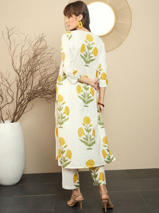 Yellow Floral HandBlock Printed Kurta Pajama Set - 2pc