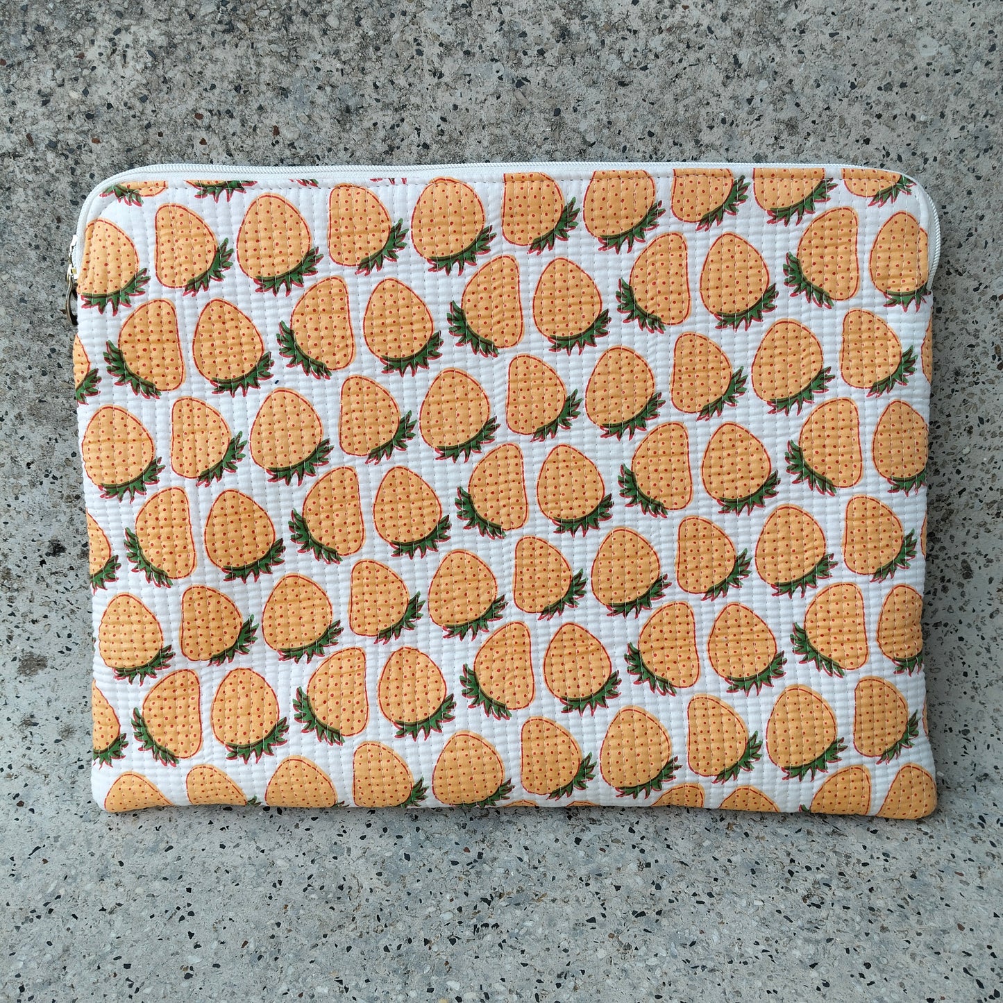 White Cotton Laptop Sleeve with Orange Strawberry Print