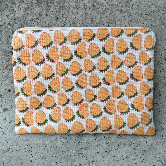 White Cotton Laptop Sleeve with Orange Strawberry Print