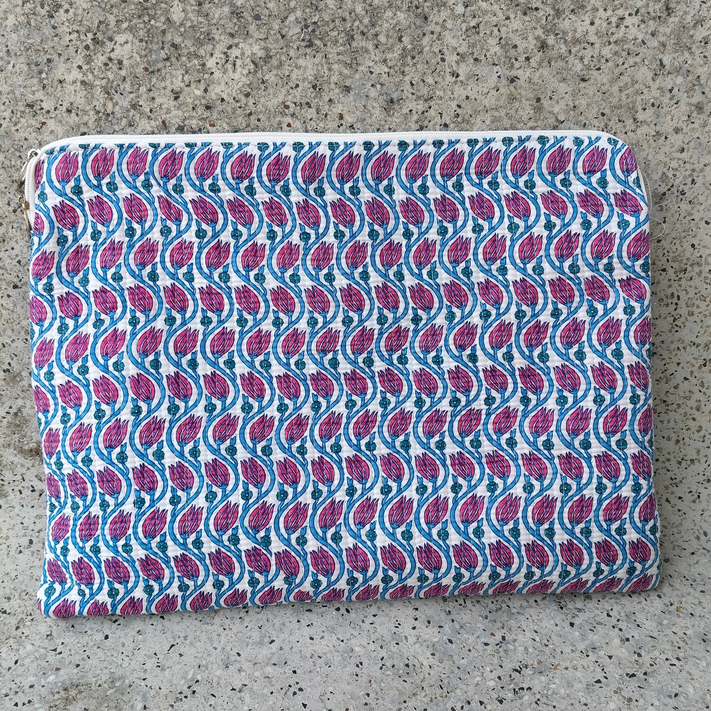 White Quilted Cotton Laptop Sleeve with Pink and Blue Tulip Floral Pattern