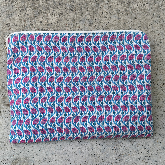 White Quilted Cotton Laptop Sleeve with Pink and Blue Tulip Floral Pattern