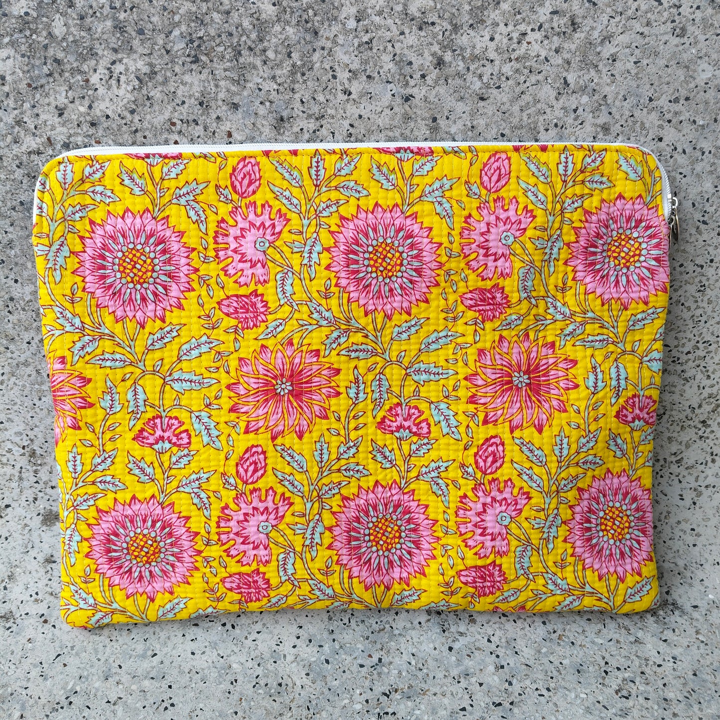 Yellow Cotton Laptop Sleeve with Pink Dahlia Floral Print