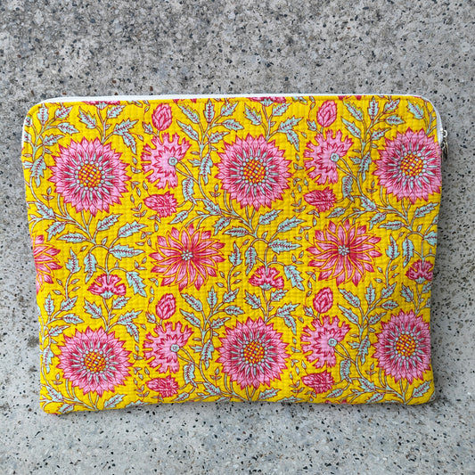 Yellow Cotton Laptop Sleeve with Pink Dahlia Floral Print