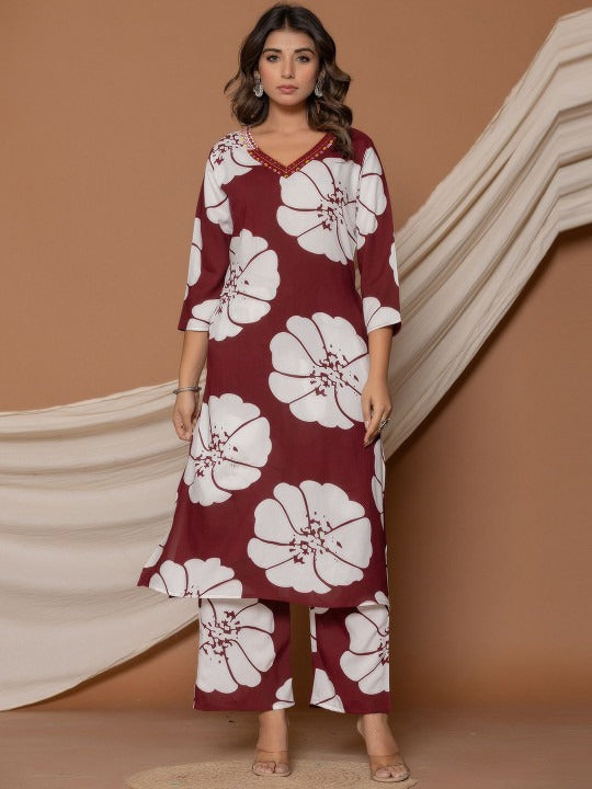 Floral Printed V-Neck Mirror Work Pure Cotton Kurta With Trousers