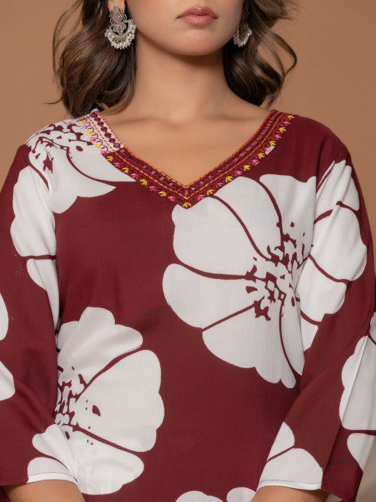 Floral Printed V-Neck Mirror Work Pure Cotton Kurta With Trousers