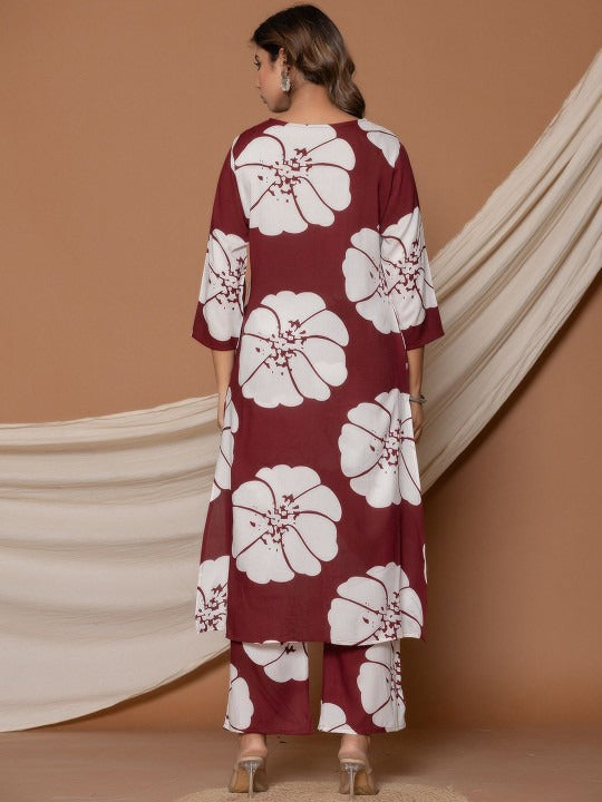 Floral Printed V-Neck Mirror Work Pure Cotton Kurta With Trousers