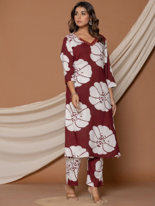 Floral Printed V-Neck Mirror Work Pure Cotton Kurta With Trousers