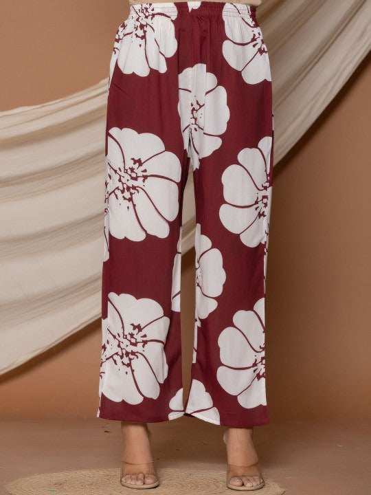 Floral Printed V-Neck Mirror Work Pure Cotton Kurta With Trousers